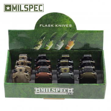 12 Piece Assorted Colors Mini Water Canteen Pocket Knives With Chain and Display Case