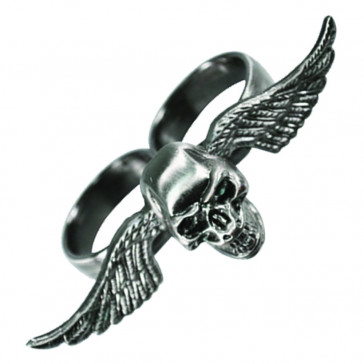 Two Ringer Chrome Skull With Wings Ring