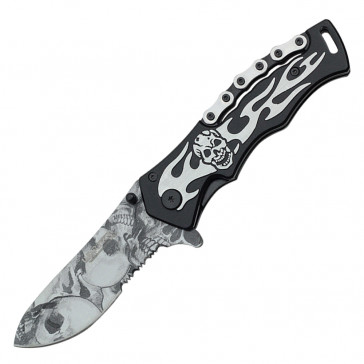 8" Flaming Skull With Skull Sketches On The Blade and Belt Clip (Black)