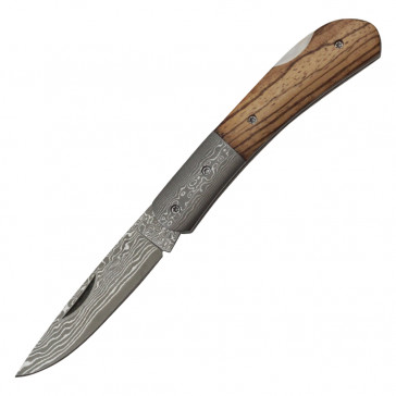 7" Damascus Blade Folding Knife w/ Zebra Wood Inlay
