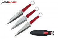 3 Piece 9" Chrome With Red, Blue, and Black Wrapped Handle Kunai Throwing Knife Set With Case