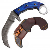 8.5" True Damascus (256-Layer) Karambit w/ Blue Wood Handle
