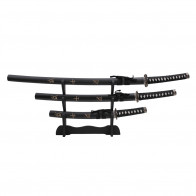 Three Piece Samurai Sword Set With Wooden Display Stand (Black Bushido)