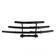 3 Piece Samurai Katana Set With Wooden Display Stand (Black)