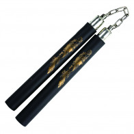 12" Foam Nunchaku With Gold Dragon Print And Metal Chain Link (Black)