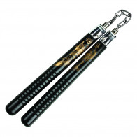12" Wood Nunchaku w/ Gold Dragon Print and Chain Link