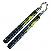 12" Wood Nunchaku w/ Gold Dragon Print and Chain Link