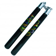 12" Wood Nunchaku Blue w/ Rainbow Dragon Design and Chain