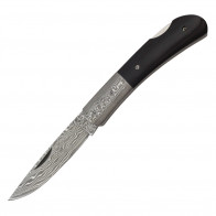 7" Damascus Blade Folding Knife w/ Bison Horn Handle