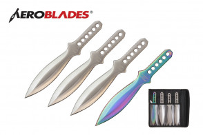 4 Piece 7.5" Silver Wings Throwing Knives Set w/ Holes in the Handle (3 Pieces Chrome, 1 Piece Rainbow)