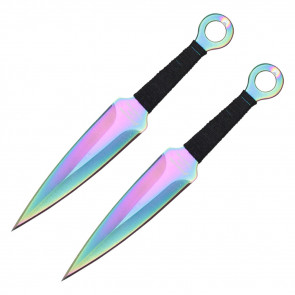 2 Piece 7.5" Spear Head  Kunai-Style Throwing Knives Set w/  Cord Wrapped Handle Rainbow)