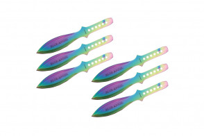 6 Piece 9" Rainbow Blue Angel Throwing Knives With Case