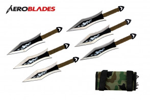 6 Piece 6.5" Two Toned Dragon Bladed Throwing Knives Set With Green Wrapped Handles And Camo Carrying Case