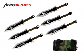 6 Piece 6.5" Two Toned Scorpion Design Bladed Throwing Knives With Green Cord Wrapped Handles And Camo Carrying Case