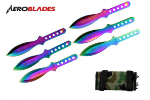 6 Piece 6.5" Rainbow Silver Wings Throwing Knives Set With Camo Carrying Case