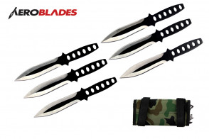 6 Piece 6.5" Two Toned Black Aero Blades Throwing Knives Set With Camo Carrying Case