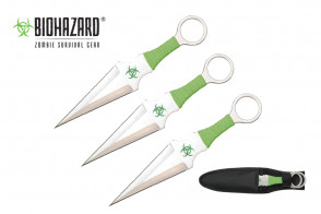 3 Piece 9" Biohazard Kunai Style Throwing Knife Set w/ Neon Green Cord Wrapped Handle (Chrome)