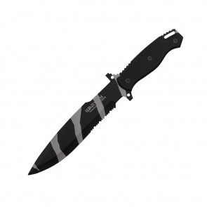 14" Black And White Camo Blade Hunting Knife With ABS Black Handle and Sheath 