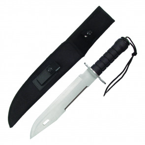 15" Silver Blade With Black Handle Combat Looking Hunting Knife With Black Sheath 