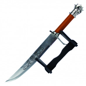 24" Dagger With Skull Head Handle And Wrapped Scabbard With Wooden Display Base