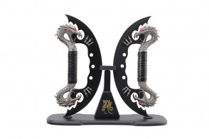 11" Dual Black Dragon Knives With Wooden Display Stand