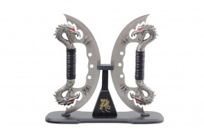 11" Dual Chrome Dragon Knives With Wooden Display Stand 