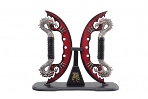 11" Dual Red Dragon Knives With Wooden Display Stand 