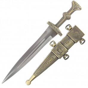 16" Roman Dagger With Gold Handle And Scabbard 