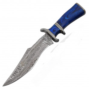 15" True Damascus (256-Layer) Knife w/ Blue Wood Handle