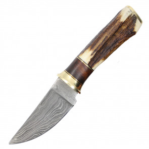 7.25" True Damascus (256-Layer) Knife w/ Stag Antler Handle & Wood Inlay