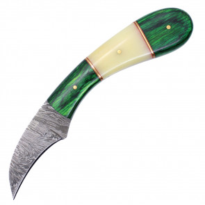 7" True Damascus (256-Layer) Hawkbill Knife w/ Green Wood Handle & White Bone Inlay