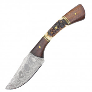 7" True Damascus (256-Layer) Knife w/ Wood Handle & Stag Antler Inlay
