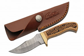 7" True Damascus (256-Layer) Knife w/ Wood Handle w/ Celtic Knotwork Handle