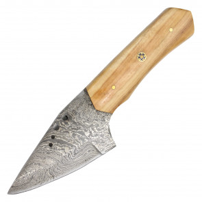 7" True Damascus Leaf Shaped Knife w/ Smooth Olive Wood Inlay
