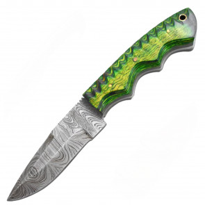 9" True Damascus (256-Layer) Knife w/ Green Wood Handle