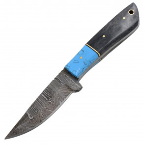 8.5" True Damascus (256-Layer) Knife w/ Bison Horn Handle Turquoise Inlay