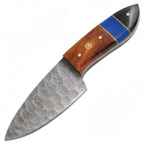 7" True Damascus (256-Layer) Knife w/ Wood Handle Bison Horn/Blue Marble Inlay