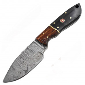 8" True Damascus (256-Layer) Knife w/ Bison Horn Handle Wood Inlay
