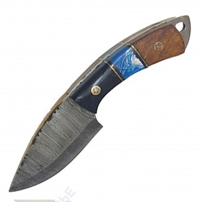 8" True Damascus (256-Layer) Knife w/ Wood Handle Bison Horn/Blue Marble Inlay