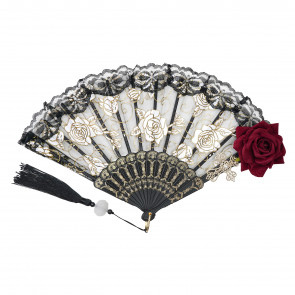 15.5" Black & White Rose Folding Fan