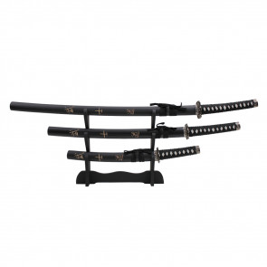 Three Piece Samurai Sword Set With Wooden Display Stand (Black Bushido)