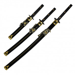 Black Full Tang Three Piece Samurai Sword Set With Black Sheath 
