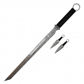 27" DAMASCUS ETCH NINJA SWORD WITH THROWING KNIVES