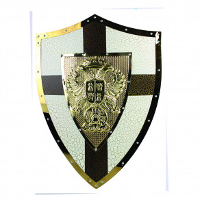 24" X 18" Medieval Metal Shield w/ Double Headed Eagle Crest (White/Gold Cross)