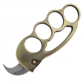 5" Brass Bronze Knuckle Paper Weight w/ Push Button Auto Hawkbill Blade Knife