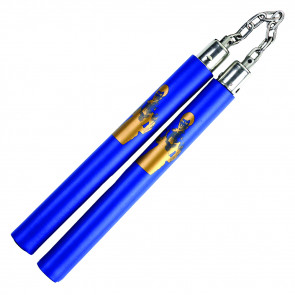 12" Foam Nunchaku With Gold Brue Lee Print Picture And Metal Chain Link (Blue)