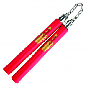 12" Foam Nunchaku With Gold Brue Lee Print Picture And Metal Chain Link (Red)