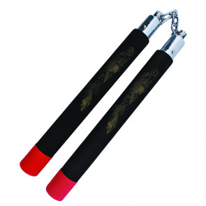 12" Foam Black Nunchaku With Red Tips And Gold Dragon Print With Metal Chain Link
