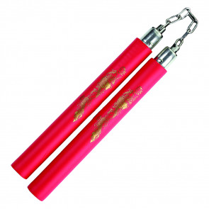 12" Foam Nunchaku With Gold Dragon Print And Metal Chain Link (Red)
