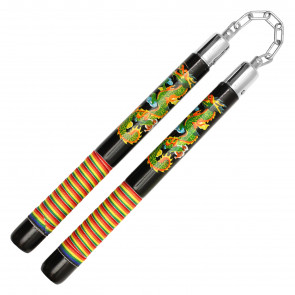 12" Black Wooden Nunchaku With Spiral Red Green And Yellow Design With Chain Link